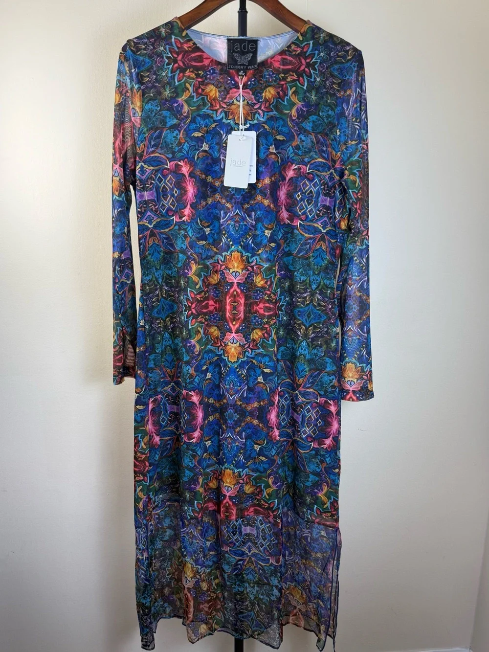 JOHNNY WAS JADE TULUS MESH MIDI DRESS Blue Ottalie Bold Kaleidoscope Lined XL XS